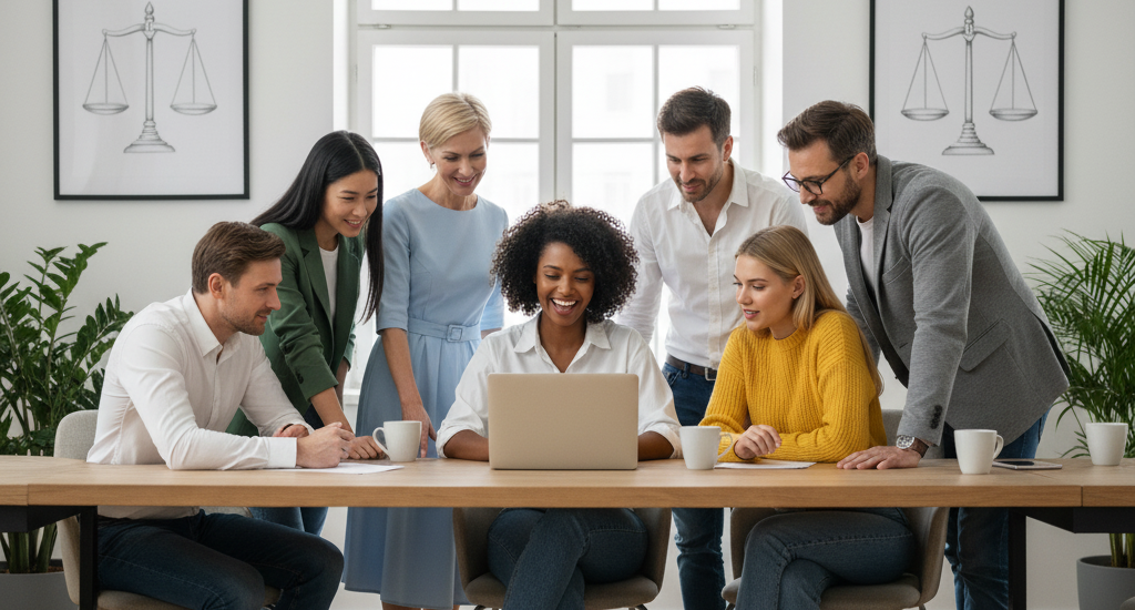 Kanzleiteam an einem Tisch mit Laptop